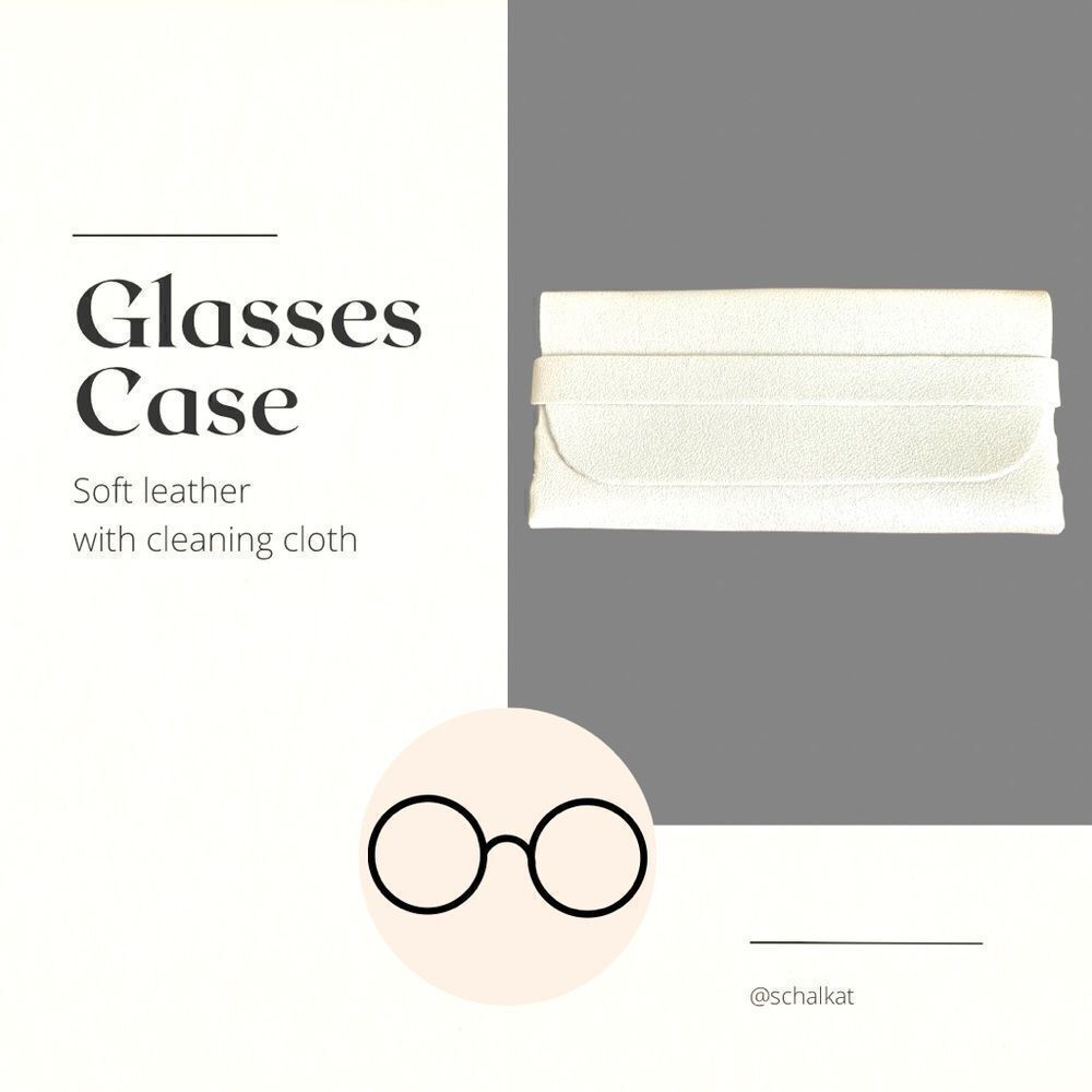 Glasses Case fits many sizes. White Leather. Soft Interior. With Cleaning Cloth